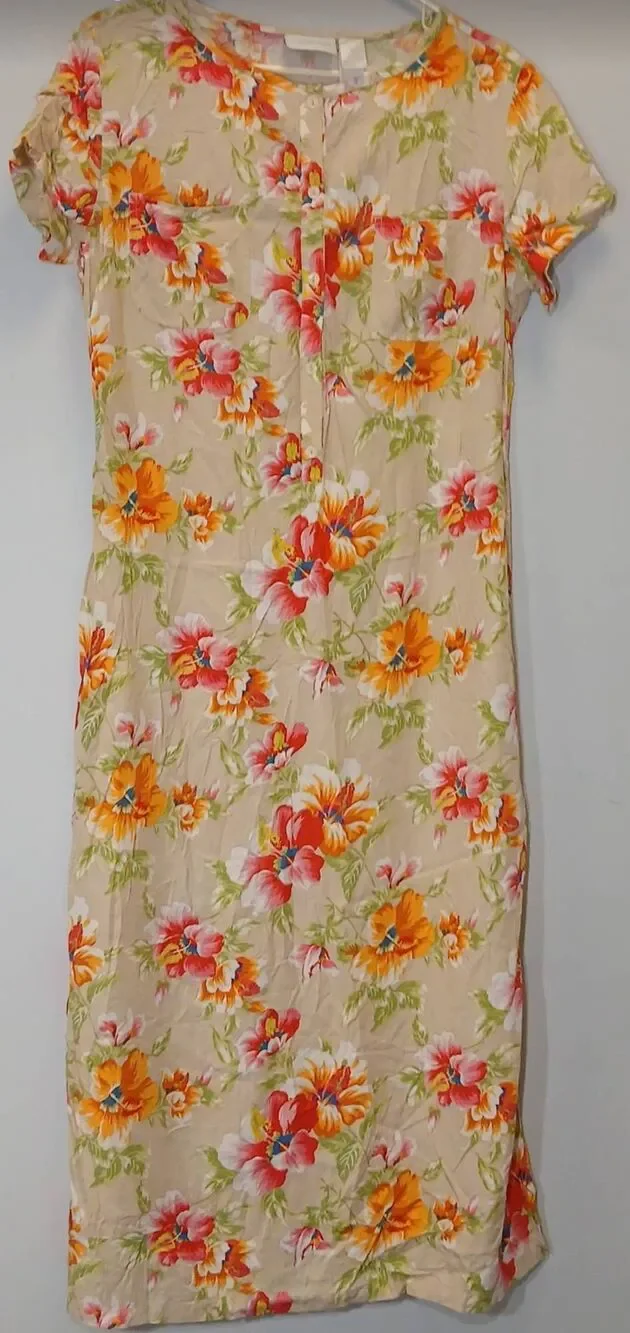 Vtg y2k Liz womens size 12 maxi dress Hawaiian floral Coastal tan green rayon